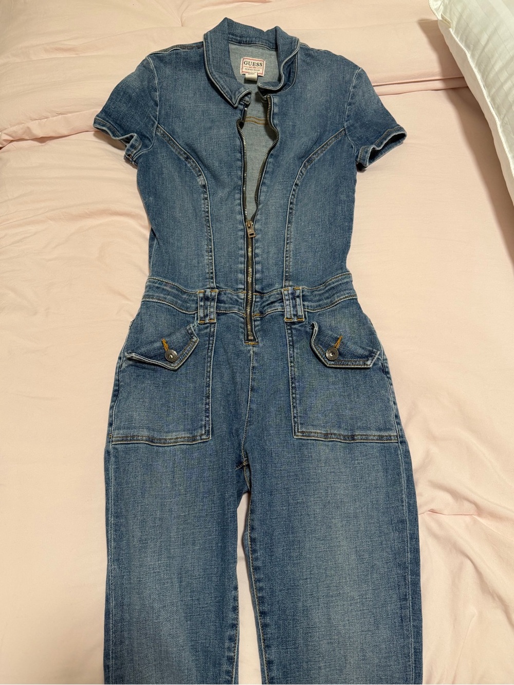 GUESS Blue Denim Short-Sleeve Zip Front One-Piece